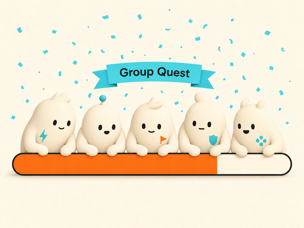 Five buddies pushing a group-quest progress bar to 70%